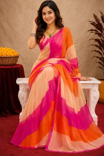 pink orange lilen print work 1 minute ready to wear saree with unstitched blouse piece