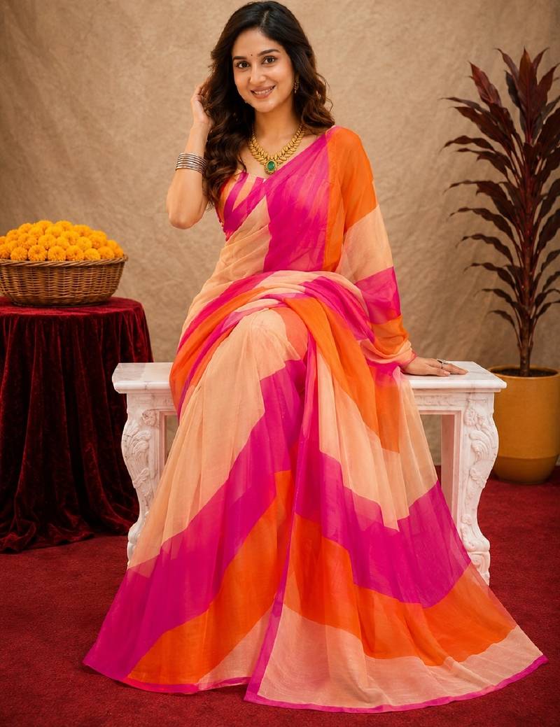 pink orange lilen print work 1 minute ready to wear saree with unstitched blouse piece