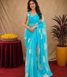 sky blue lilen print work 1 minute ready to wear saree with unstitched blouse piece