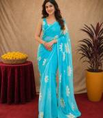 sky blue lilen print work 1 minute ready to wear saree with unstitched blouse piece