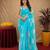 sky blue lilen print work 1 minute ready to wear saree with unstitched blouse piece