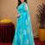 sky blue lilen print work 1 minute ready to wear saree with unstitched blouse piece