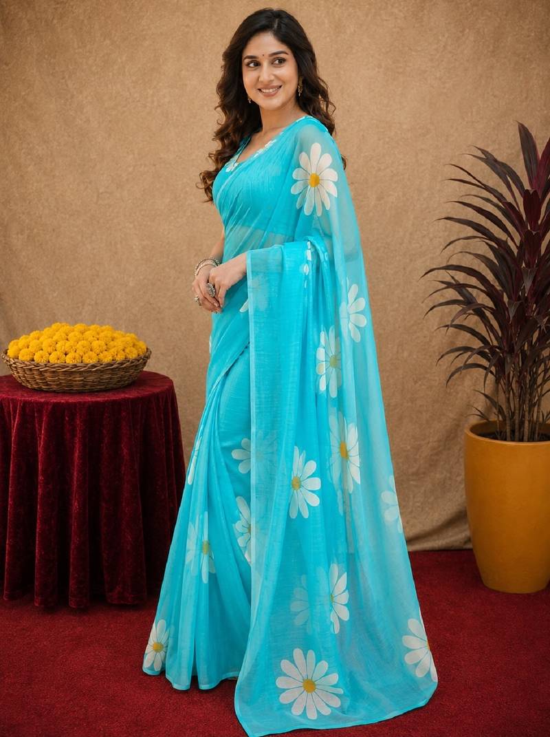 sky blue lilen print work 1 minute ready to wear saree with unstitched blouse piece