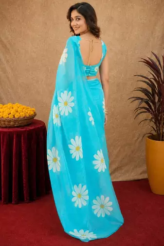 sky blue lilen print work 1 minute ready to wear saree with unstitched blouse piece