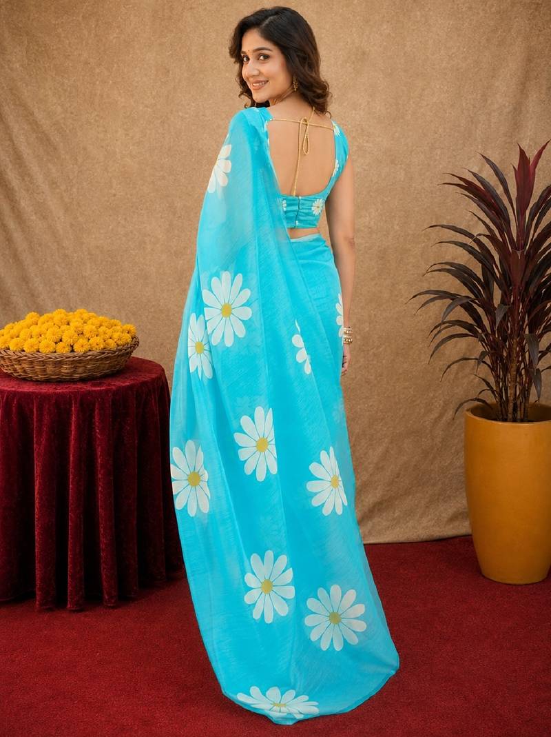 sky blue lilen print work 1 minute ready to wear saree with unstitched blouse piece