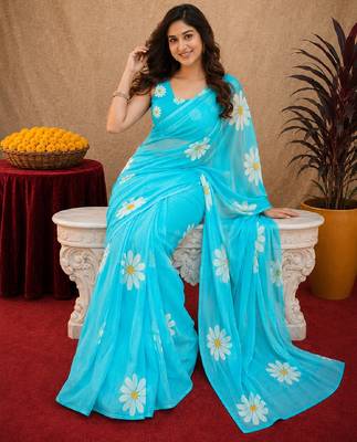 sky blue lilen print work 1 minute ready to wear saree with unstitched blouse piece 4