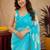 sky blue lilen print work 1 minute ready to wear saree with unstitched blouse piece
