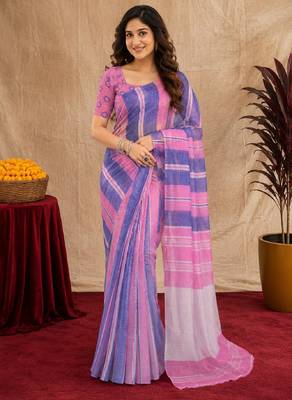 lavender pink lilen print work 1 minute ready to wear saree with unstitched blouse piece 1