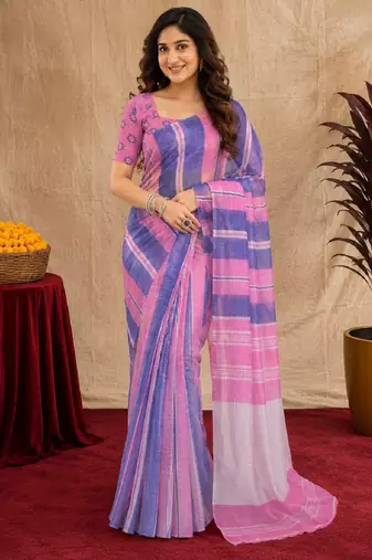 lavender pink lilen print work 1 minute ready to wear saree with unstitched blouse piece