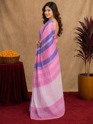 lavender pink lilen print work 1 minute ready to wear saree with unstitched blouse piece 2