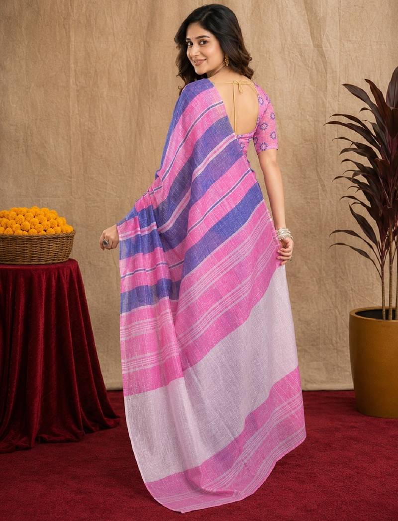 lavender pink lilen print work 1 minute ready to wear saree with unstitched blouse piece