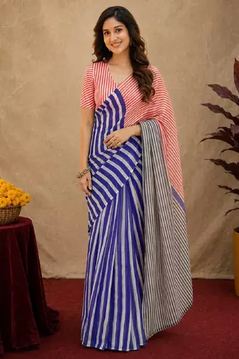red blue lilen print work 1 minute ready to wear saree with unstitched blouse piece