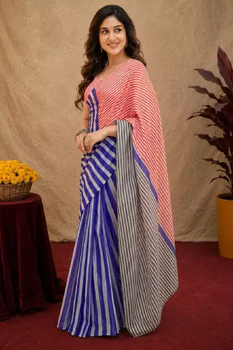 red blue lilen print work 1 minute ready to wear saree with unstitched blouse piece