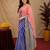 red blue lilen print work 1 minute ready to wear saree with unstitched blouse piece