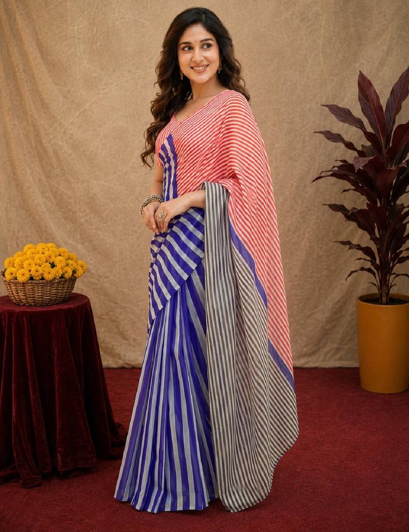 red blue lilen print work 1 minute ready to wear saree with unstitched blouse piece