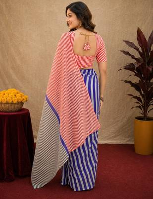 red blue lilen print work 1 minute ready to wear saree with unstitched blouse piece 4