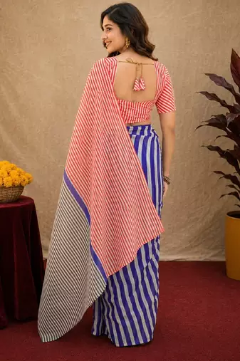 red blue lilen print work 1 minute ready to wear saree with unstitched blouse piece