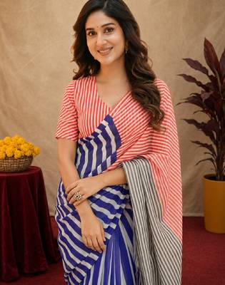 red blue lilen print work 1 minute ready to wear saree with unstitched blouse piece 5
