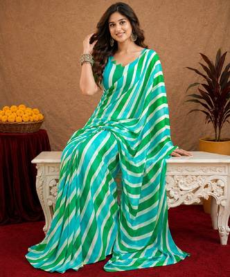sky green lilen print work 1 minute ready to wear saree with unstitched blouse piece 1