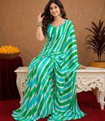 sky green lilen print work 1 minute ready to wear saree with unstitched blouse piece
