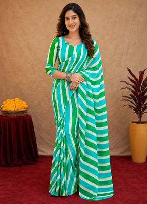 sky green lilen print work 1 minute ready to wear saree with unstitched blouse piece 2