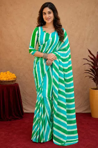 sky green lilen print work 1 minute ready to wear saree with unstitched blouse piece