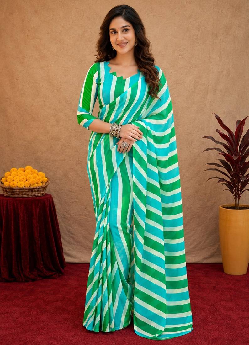 sky green lilen print work 1 minute ready to wear saree with unstitched blouse piece
