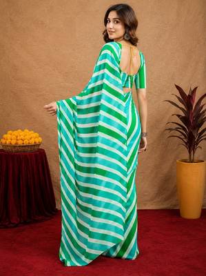 sky green lilen print work 1 minute ready to wear saree with unstitched blouse piece 4