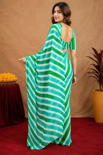 sky green lilen print work 1 minute ready to wear saree with unstitched blouse piece