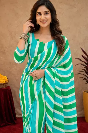 sky green lilen print work 1 minute ready to wear saree with unstitched blouse piece