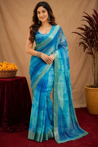 light blue lilen print work 1 minute ready to wear saree with unstitched blouse piece