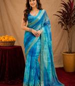 light blue lilen print work 1 minute ready to wear saree with unstitched blouse piece