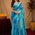 light blue lilen print work 1 minute ready to wear saree with unstitched blouse piece