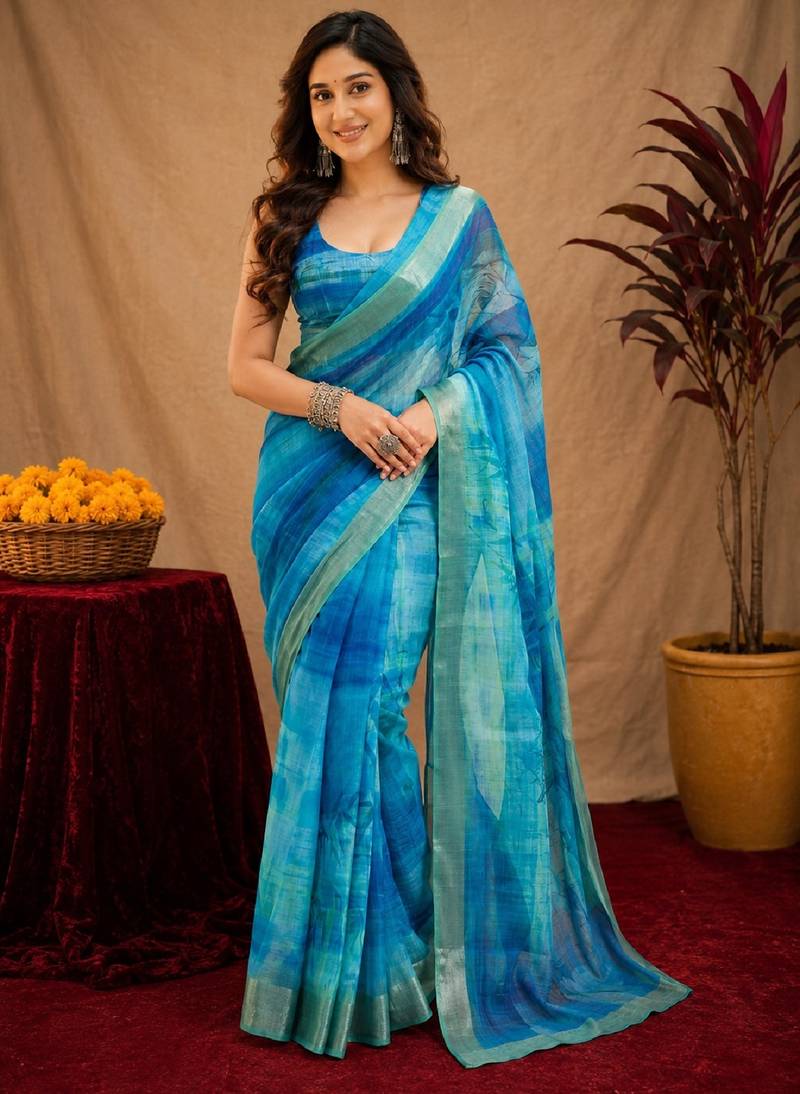 light blue lilen print work 1 minute ready to wear saree with unstitched blouse piece