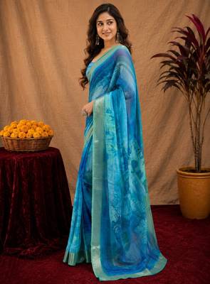 light blue lilen print work 1 minute ready to wear saree with unstitched blouse piece 2