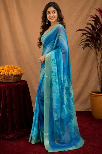 light blue lilen print work 1 minute ready to wear saree with unstitched blouse piece