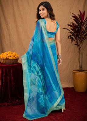 light blue lilen print work 1 minute ready to wear saree with unstitched blouse piece 3