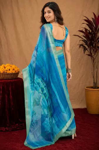 light blue lilen print work 1 minute ready to wear saree with unstitched blouse piece