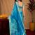 light blue lilen print work 1 minute ready to wear saree with unstitched blouse piece
