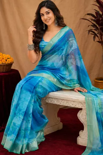 light blue lilen print work 1 minute ready to wear saree with unstitched blouse piece