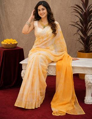 white yellow lilen print work 1 minute ready to wear saree with unstitched blouse piece 1