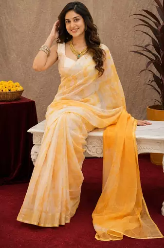 white yellow lilen print work 1 minute ready to wear saree with unstitched blouse piece