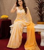 white yellow lilen print work 1 minute ready to wear saree with unstitched blouse piece