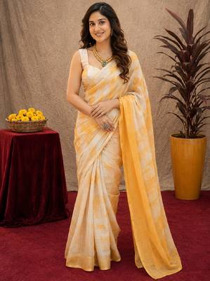 white yellow lilen print work 1 minute ready to wear saree with unstitched blouse piece 2