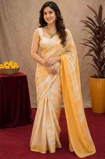 white yellow lilen print work 1 minute ready to wear saree with unstitched blouse piece