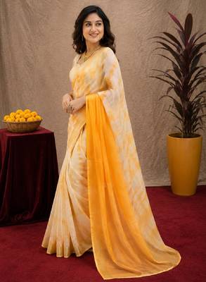 white yellow lilen print work 1 minute ready to wear saree with unstitched blouse piece 3