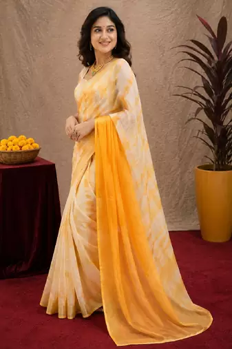 white yellow lilen print work 1 minute ready to wear saree with unstitched blouse piece