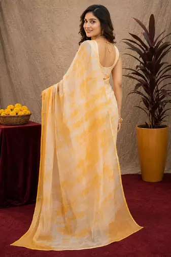 white yellow lilen print work 1 minute ready to wear saree with unstitched blouse piece