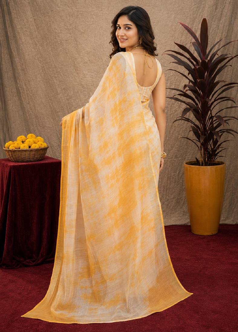 white yellow lilen print work 1 minute ready to wear saree with unstitched blouse piece