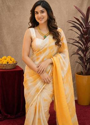 white yellow lilen print work 1 minute ready to wear saree with unstitched blouse piece 5
